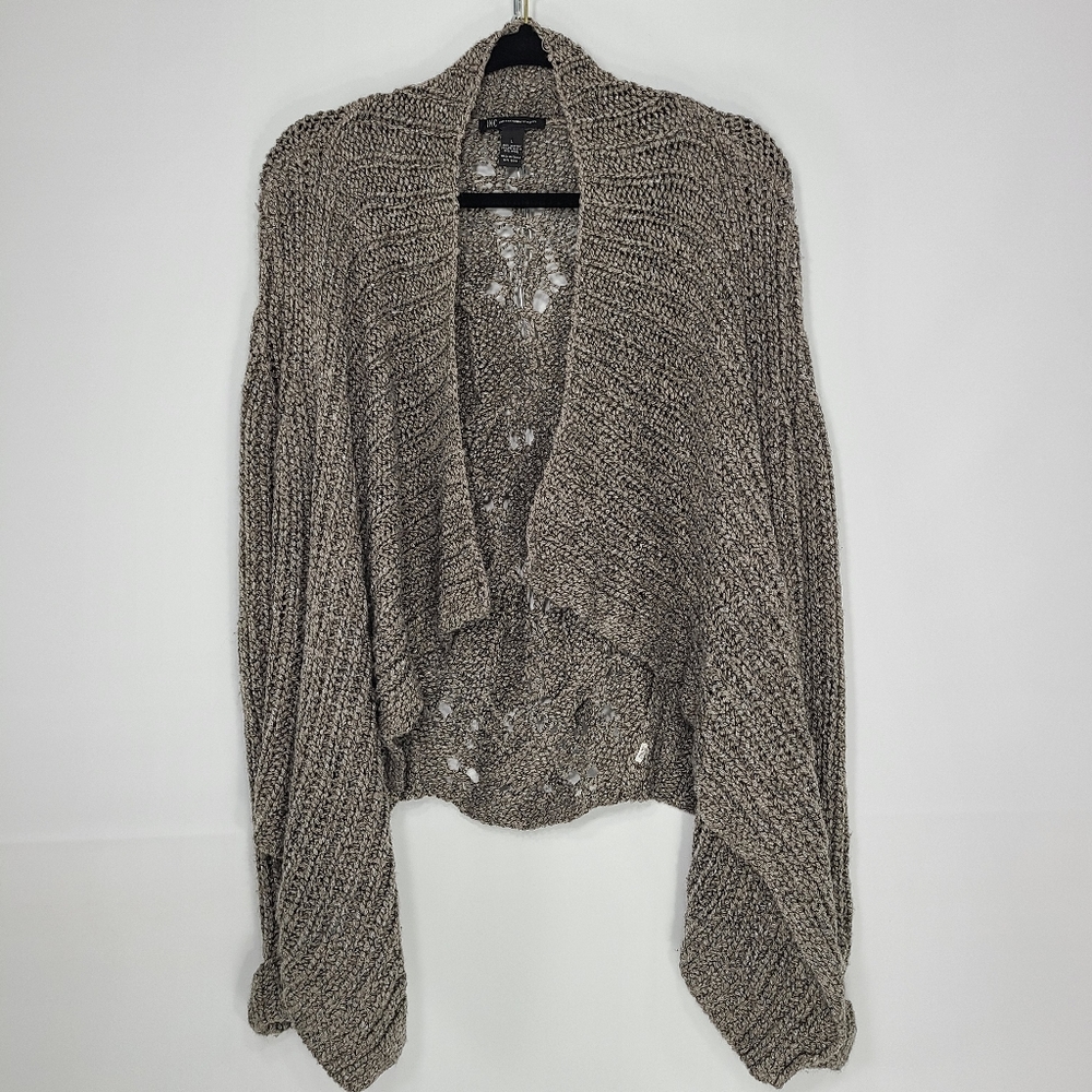 INC Cardigan Sweater Long Sleeve Open Front Brown Lace Rolled Cuffs Size Large